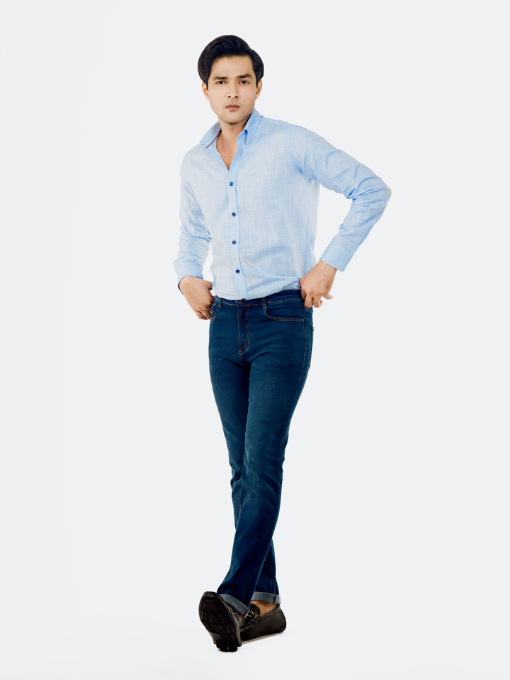 Blue Slub Structured Shirt With Beige Elbow Patch Brumano Pakistan