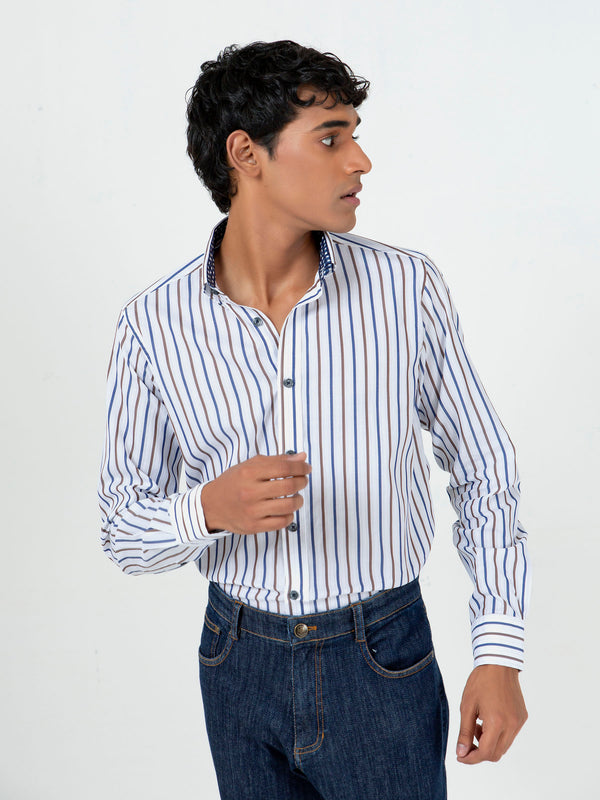 Blue & Brown Striped Button Down Shirt Brumano Pakistan