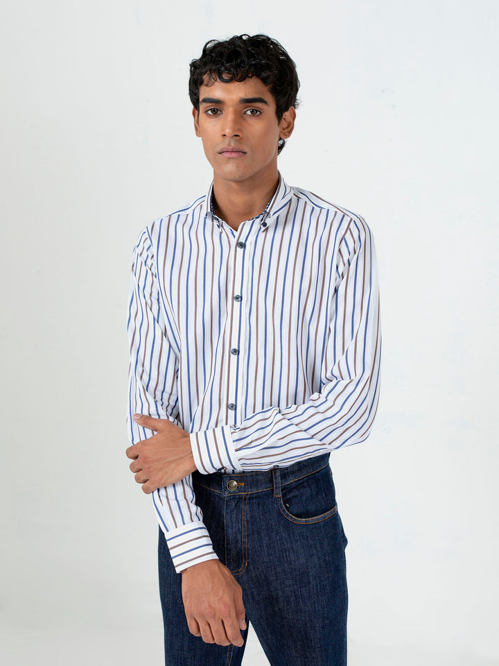 Blue & Brown Striped Button Down Shirt Brumano Pakistan
