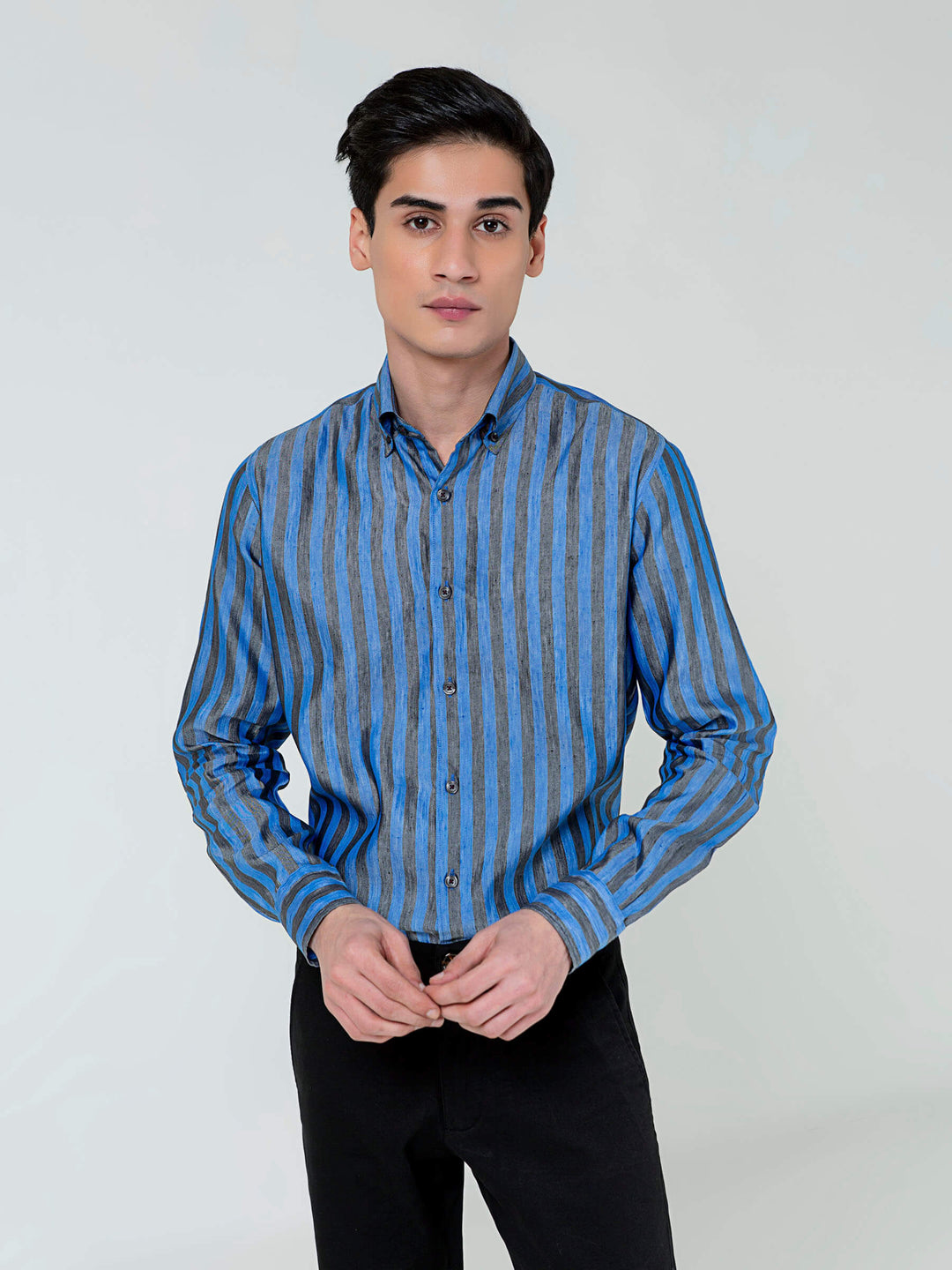 Blue & Grey Bold Striped Linen & Silk Shirt