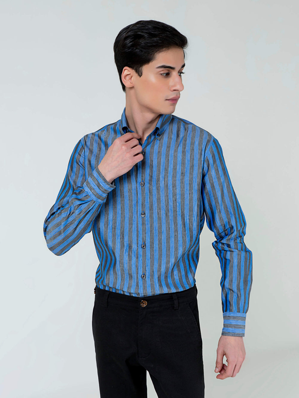 Blue & Grey Bold Striped Linen & Silk Shirt