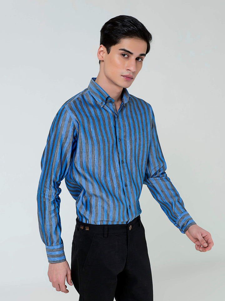 Blue & Grey Bold Striped Linen & Silk Shirt Brumano Pakistan