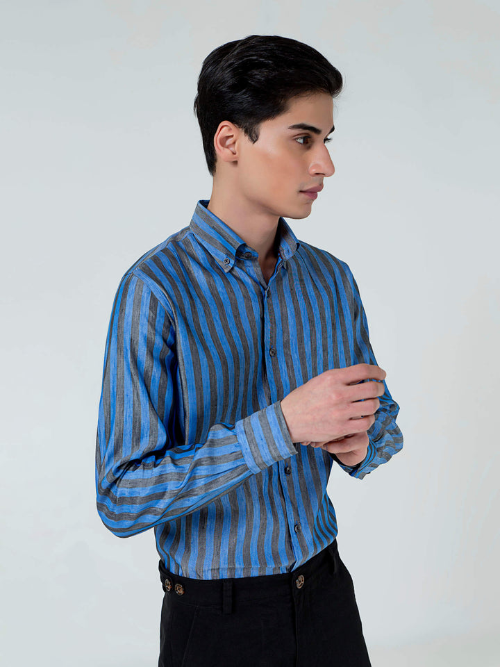 Blue & Grey Bold Striped Linen & Silk Shirt Brumano Pakistan