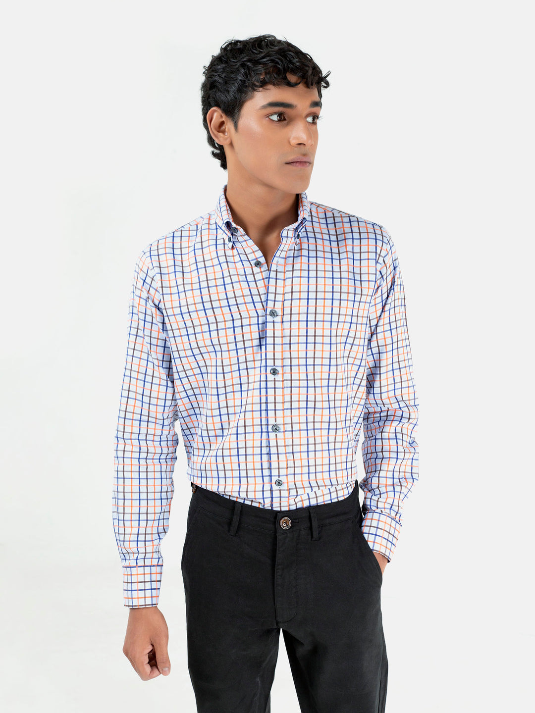 Blue & orange windowpane checkered button down shirt brumano pakistan 