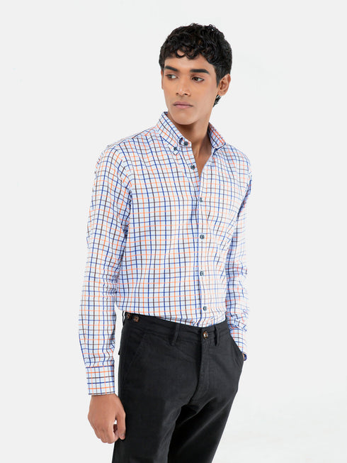 Blue & Orange Windowpane Checkered Button Down Shirt Brumano Pakistan 