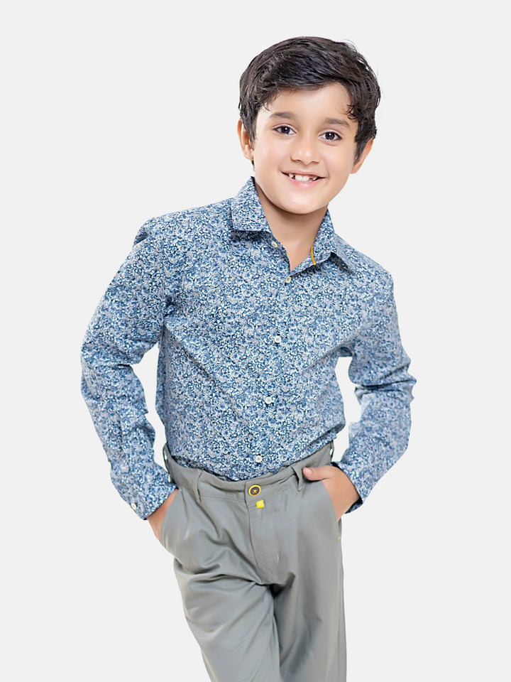Blue & White Floral Printed Long Sleeve Casual Shirt Brumano Pakistan