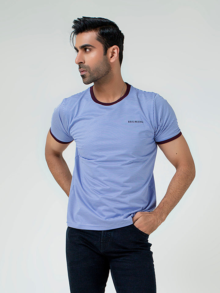 Blue & White Striped Crew Neck T-Shirt With Maroon Contrast Brumano Pakistan