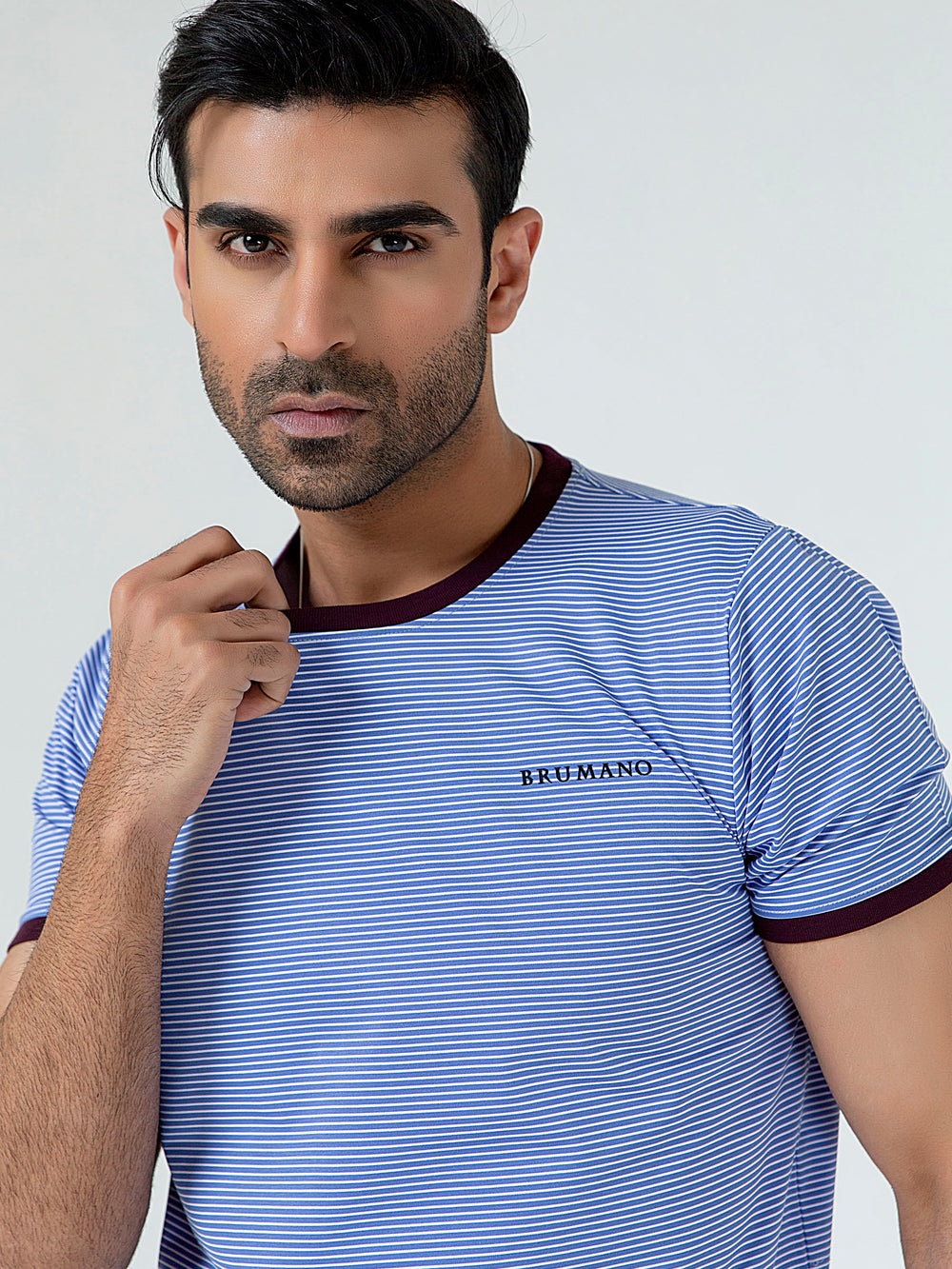 Blue & White Striped Crew Neck T-Shirt With Maroon Contrast