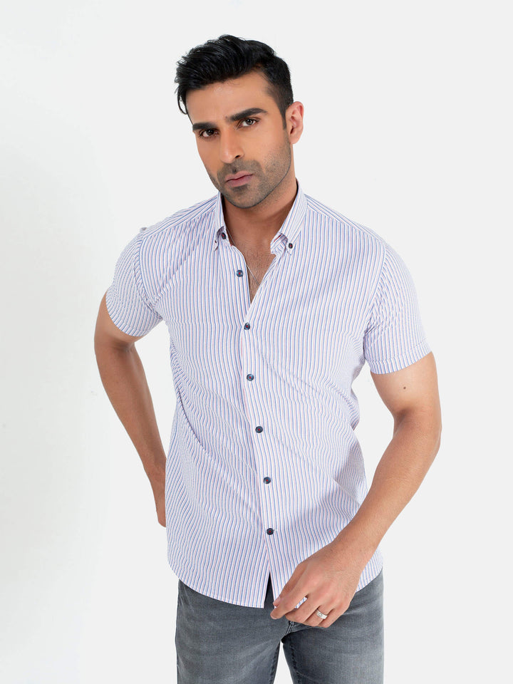  Blue & White Striped Seersucked Half Sleeve Shirt Brumano Pakistan