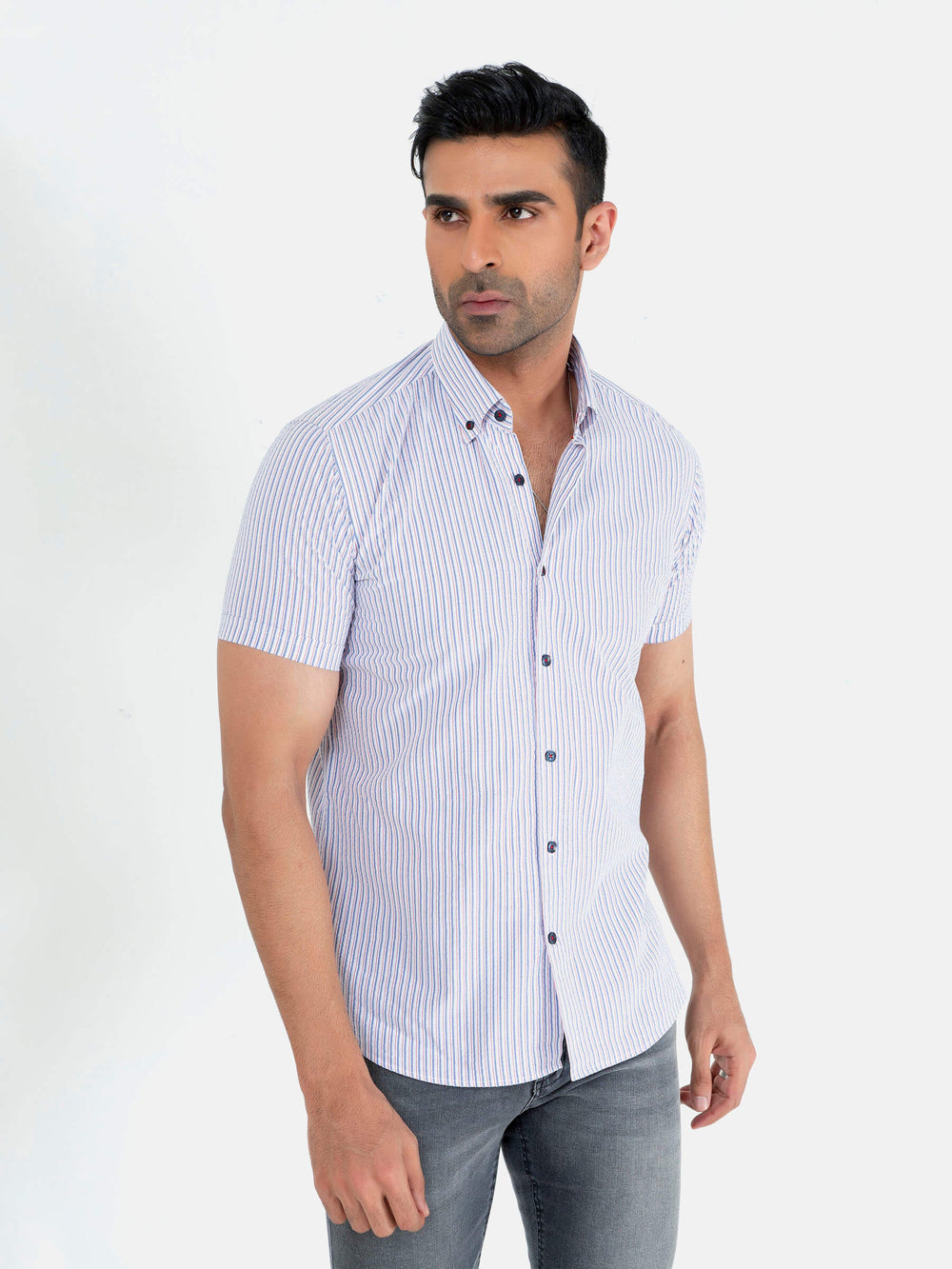 Blue & White Striped Seersucked Half Sleeve Shirt