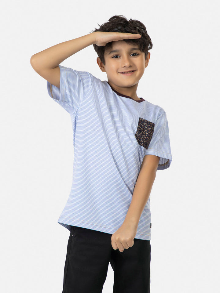 Blue & White Striped Short Sleeve Casual T-Shirt With Contrasting Pocket Brumano Pakistan