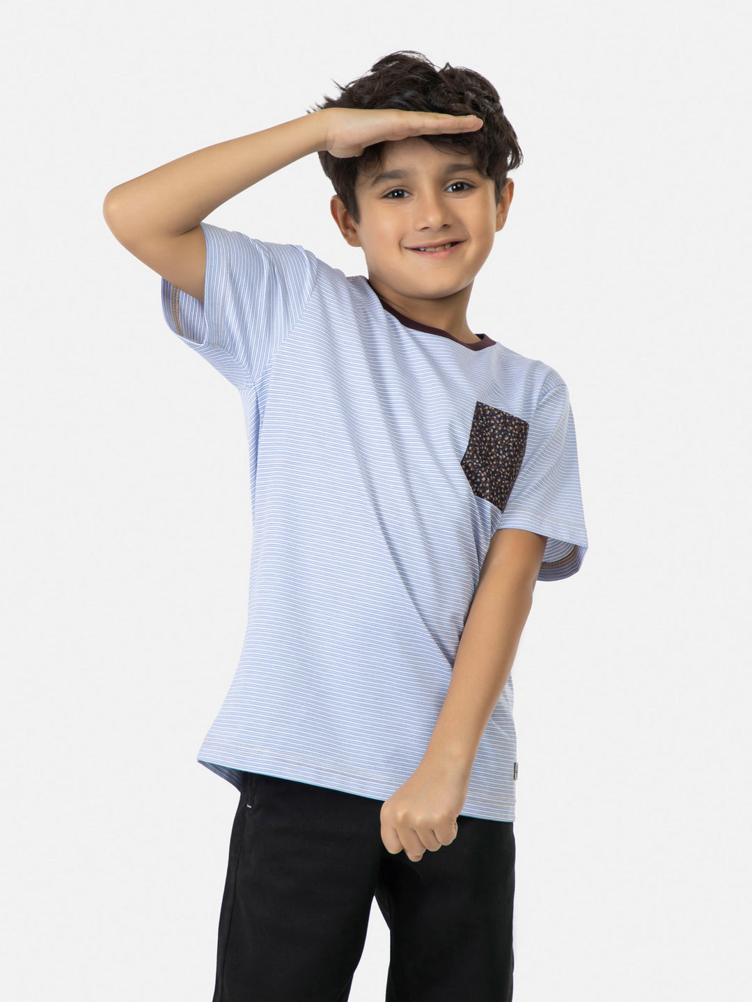 Blue & white striped short sleeve casual t shirt with contrasting pocket brumano pakistan