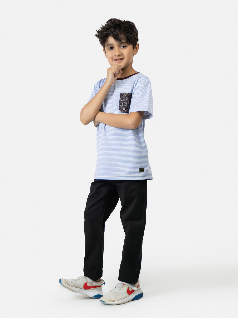 Blue & white striped short sleeve casual t shirt with contrasting pocket brumano pakistan