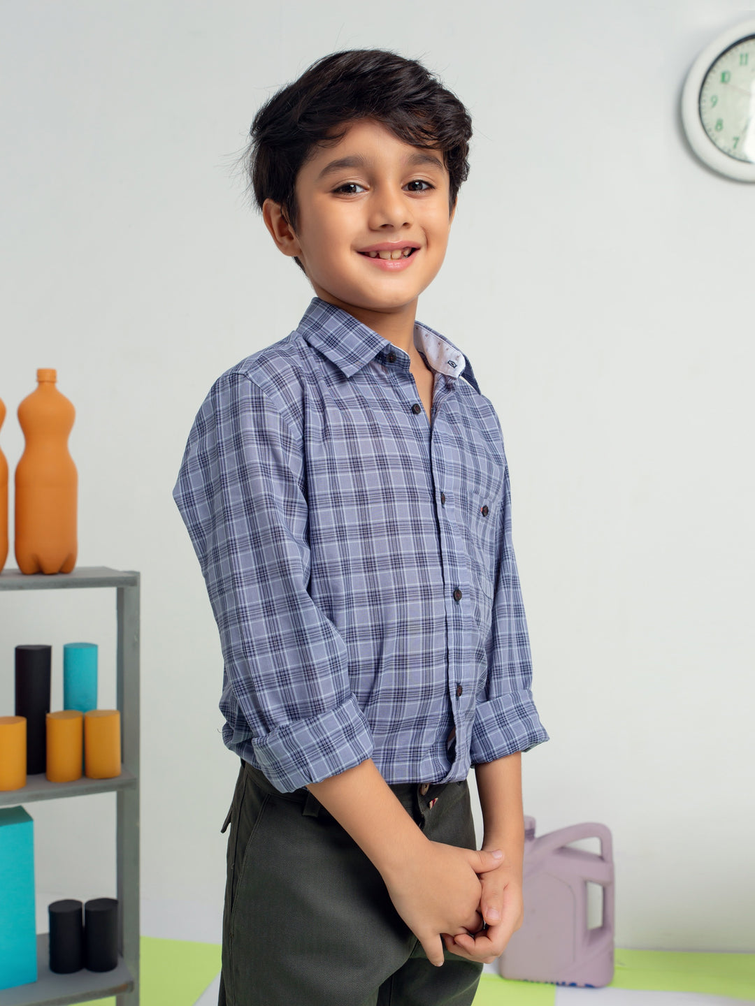 Bluish Grey Checkered Light Weight Casual Shirt Brumano Pakistan