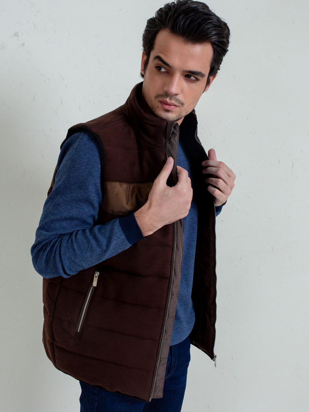Brown Moleskin Sleeveless Jacket With Quilting - Limited Edition Brumano Pakistan