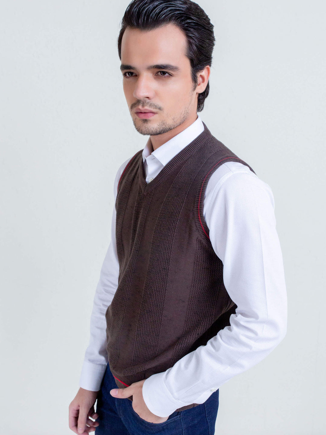 Brown Textured Sleeveless Sweater Brumano Pakistan