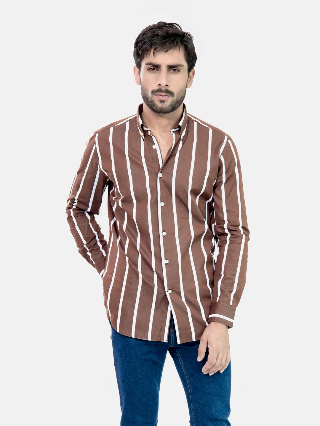 Brown Bold Striped Button Down Shirt Brumano Pakistan