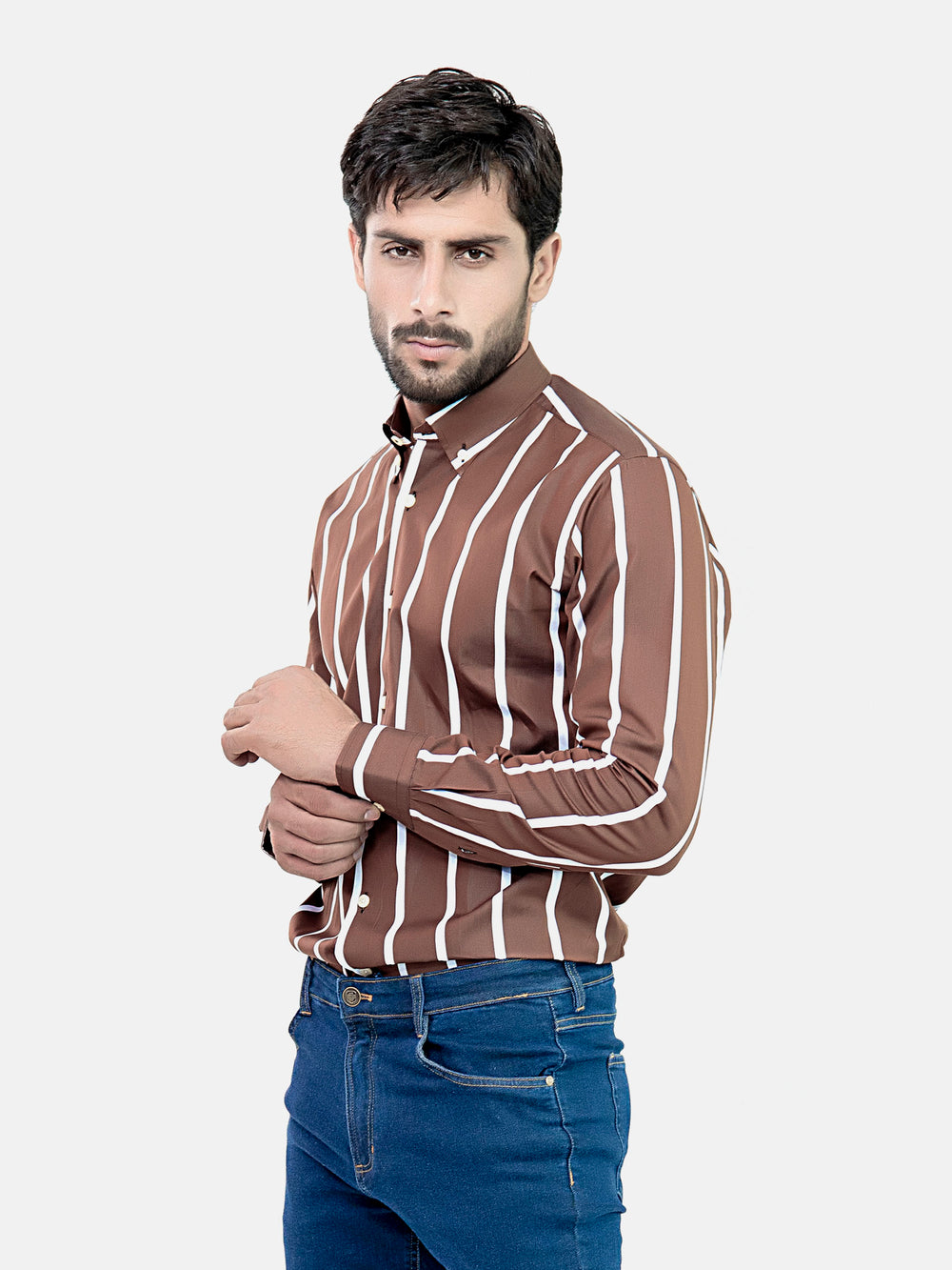 Brown Bold Striped Button Down Shirt