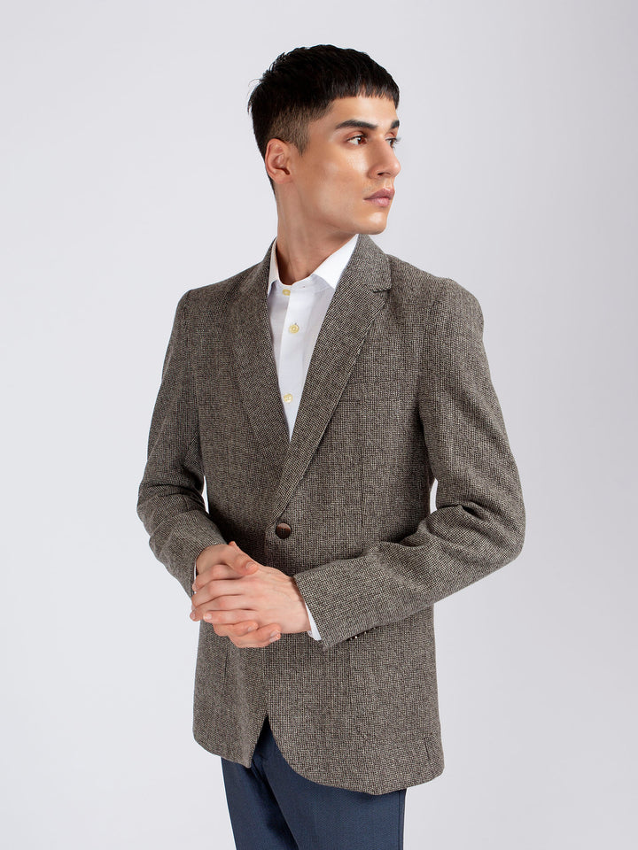 Brown Dobby Checkered Wool Cashmere Blazer - Sartoria Brumano Pakistan 