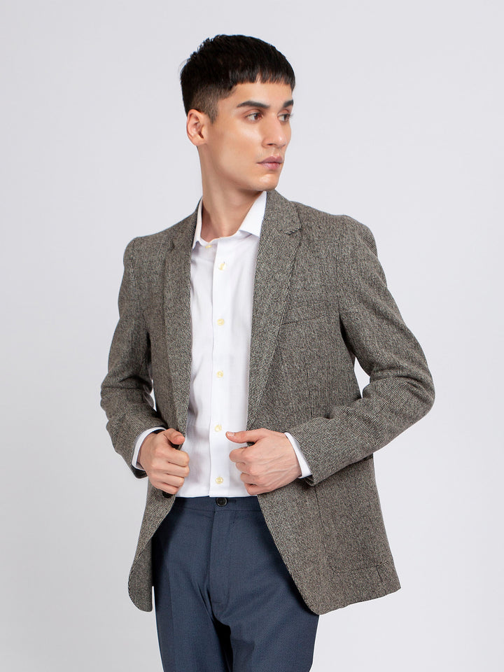 Brown Dobby Checkered Wool Cashmere Blazer - Sartoria Brumano Pakistan 