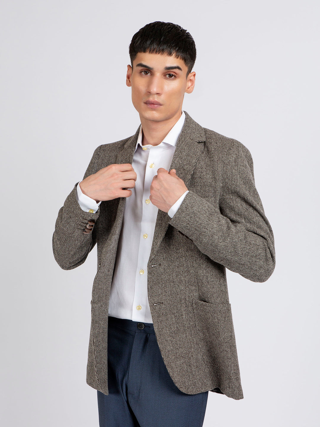 Brown Dobby Checkered Wool Cashmere Blazer - Sartoria Brumano Pakistan 