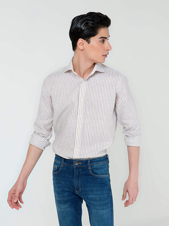 Brown & White 100% Linen Striped Shirt Brumano Pakistan