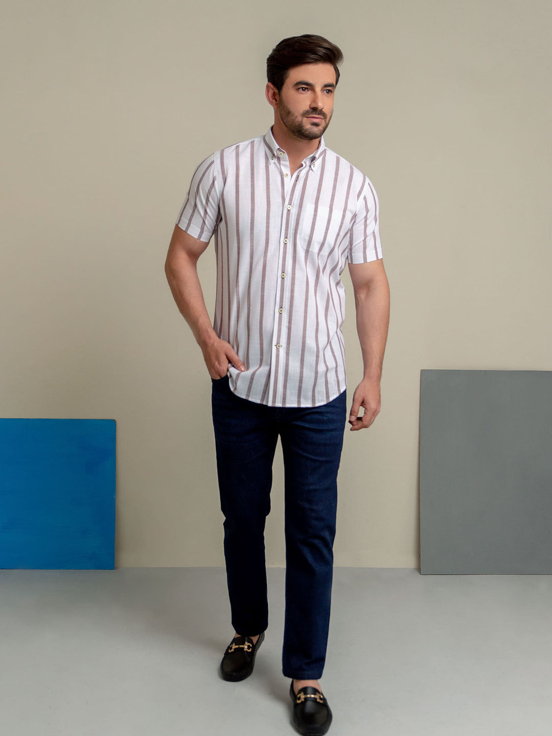 Brown & White Striped Half Sleeve Shirt Brumano Pakistan