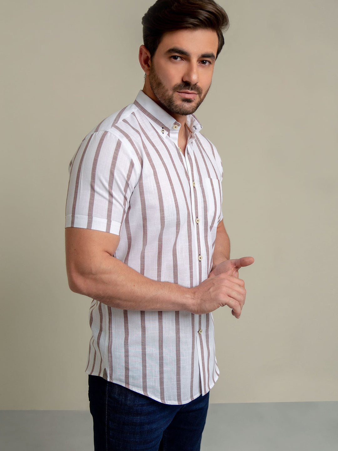Brown & White Striped Half Sleeve Shirt Brumano Pakistan