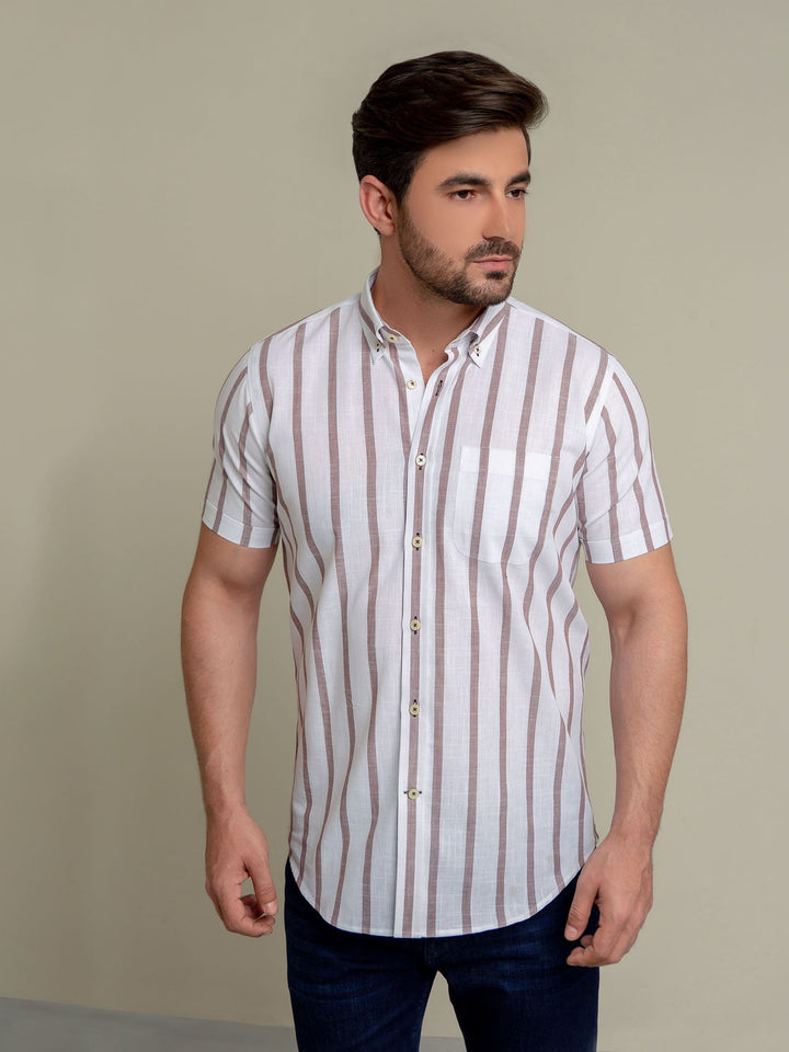 Brown & White Striped Half Sleeve Shirt Brumano Pakistan