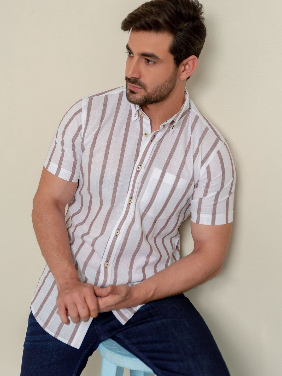 Brown & White Striped Half Sleeve Shirt Brumano Pakistan