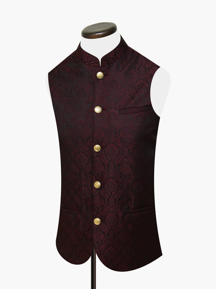 Burgundy & Black Floral Patterned Waistcoat