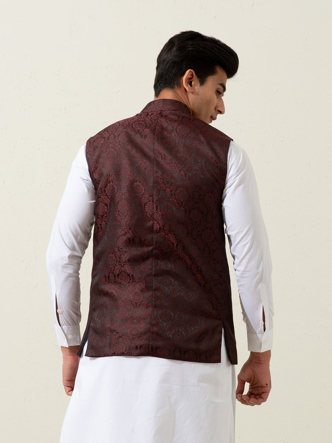 Burgundy & Black Floral Patterned Waistcoat Brumano Pakistan