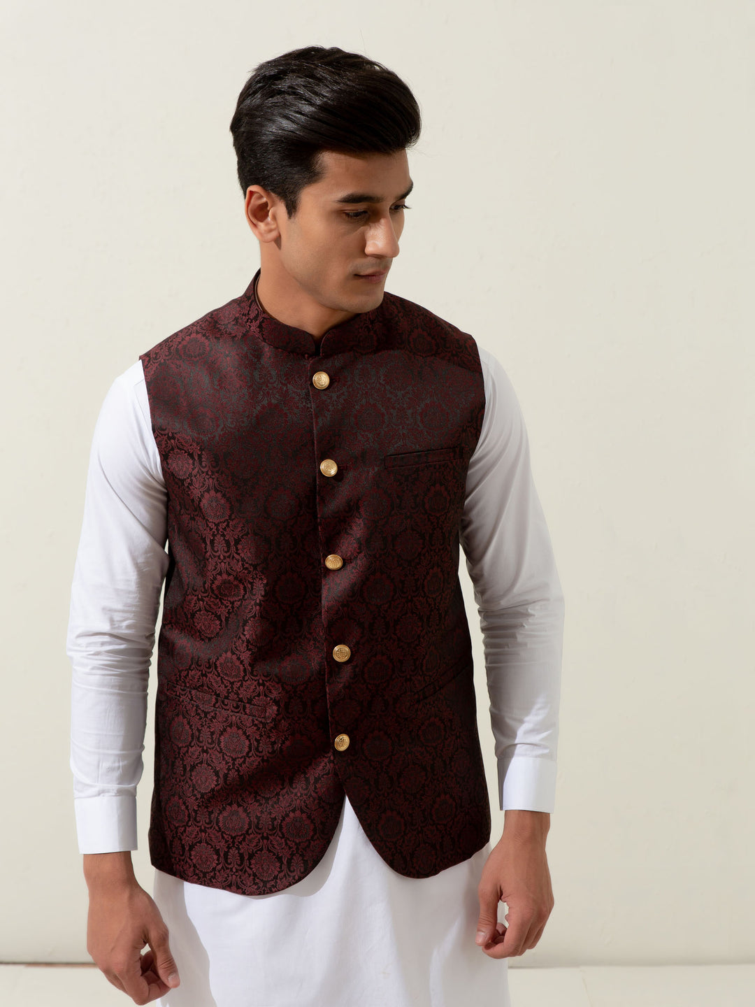 Burgundy & Black Floral Patterned Waistcoat Brumano Pakistan