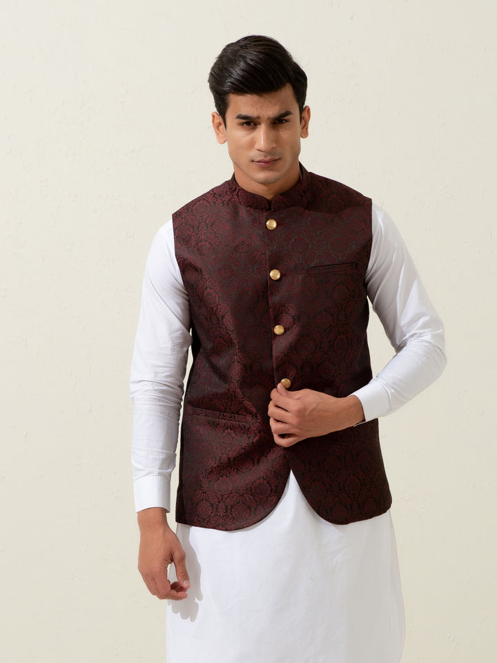 Burgundy & Black Floral Patterned Waistcoat Brumano Pakistan