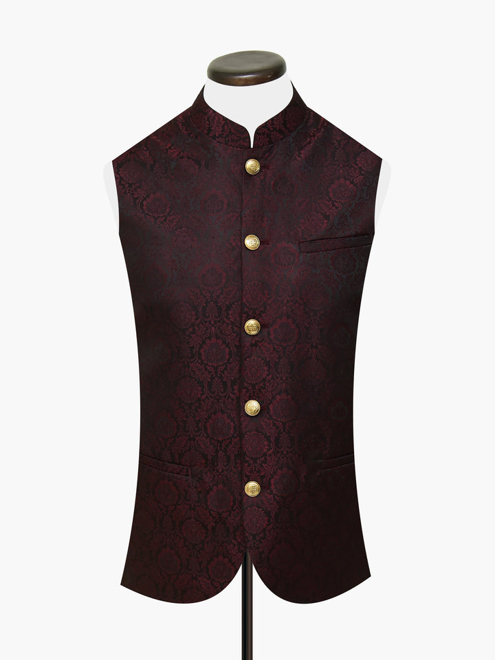 Burgundy & Black Floral Patterned Waistcoat