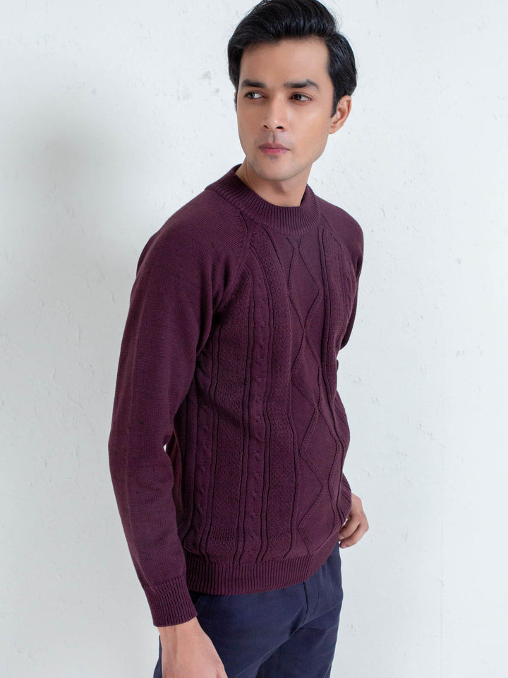 Burgundy Cable Knitted Mock Neck Sweater Brumano Pakistan