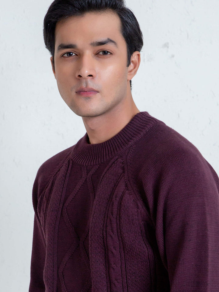 Burgundy Cable Knitted Mock Neck Sweater Brumano Pakistan