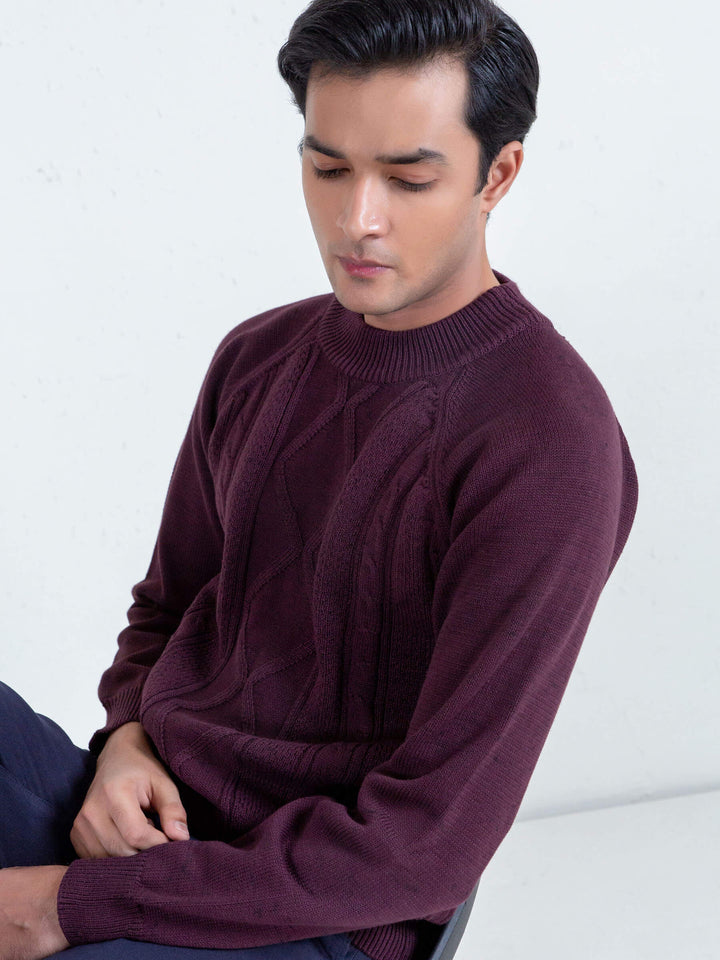 Burgundy Cable Knitted Mock Neck Sweater Brumano Pakistan