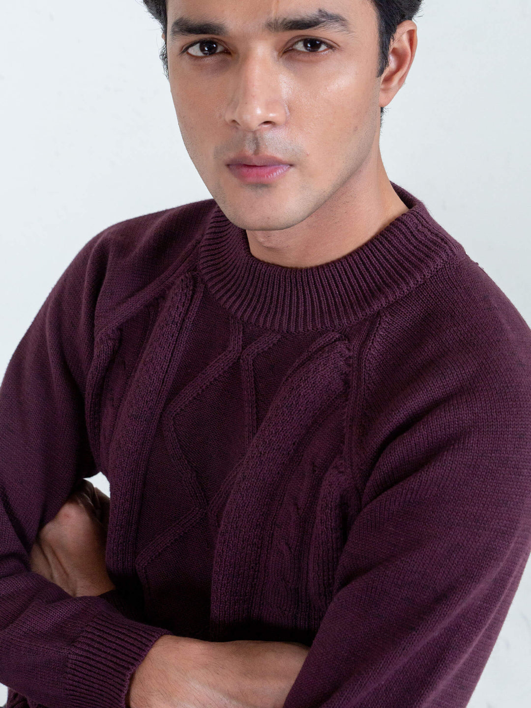 Burgundy Cable Knitted Mock Neck Sweater Brumano Pakistan