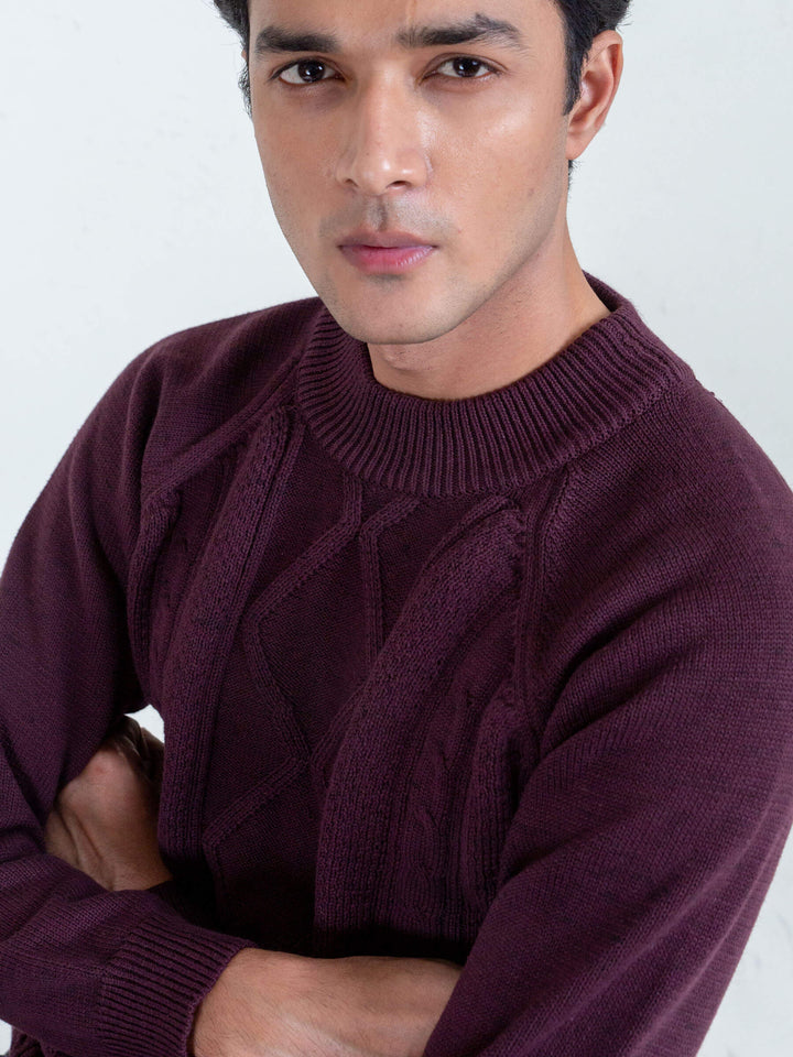 Burgundy Cable Knitted Mock Neck Sweater Brumano Pakistan