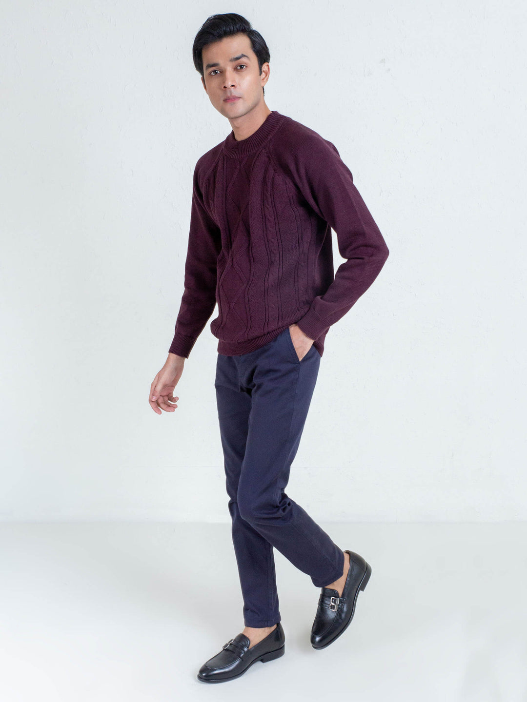 Burgundy Cable Knitted Mock Neck Sweater Brumano Pakistan