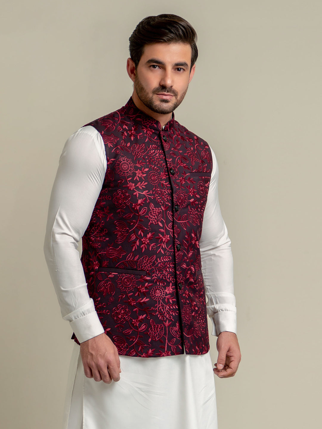 Burgundy embroidered sartoria waistcoat brumano pakistan