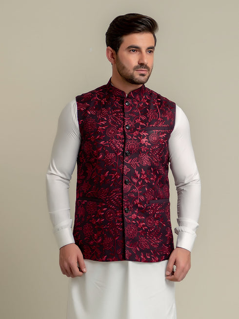 Burgundy Embroidered Sartoria Waistcoat Brumano Pakistan