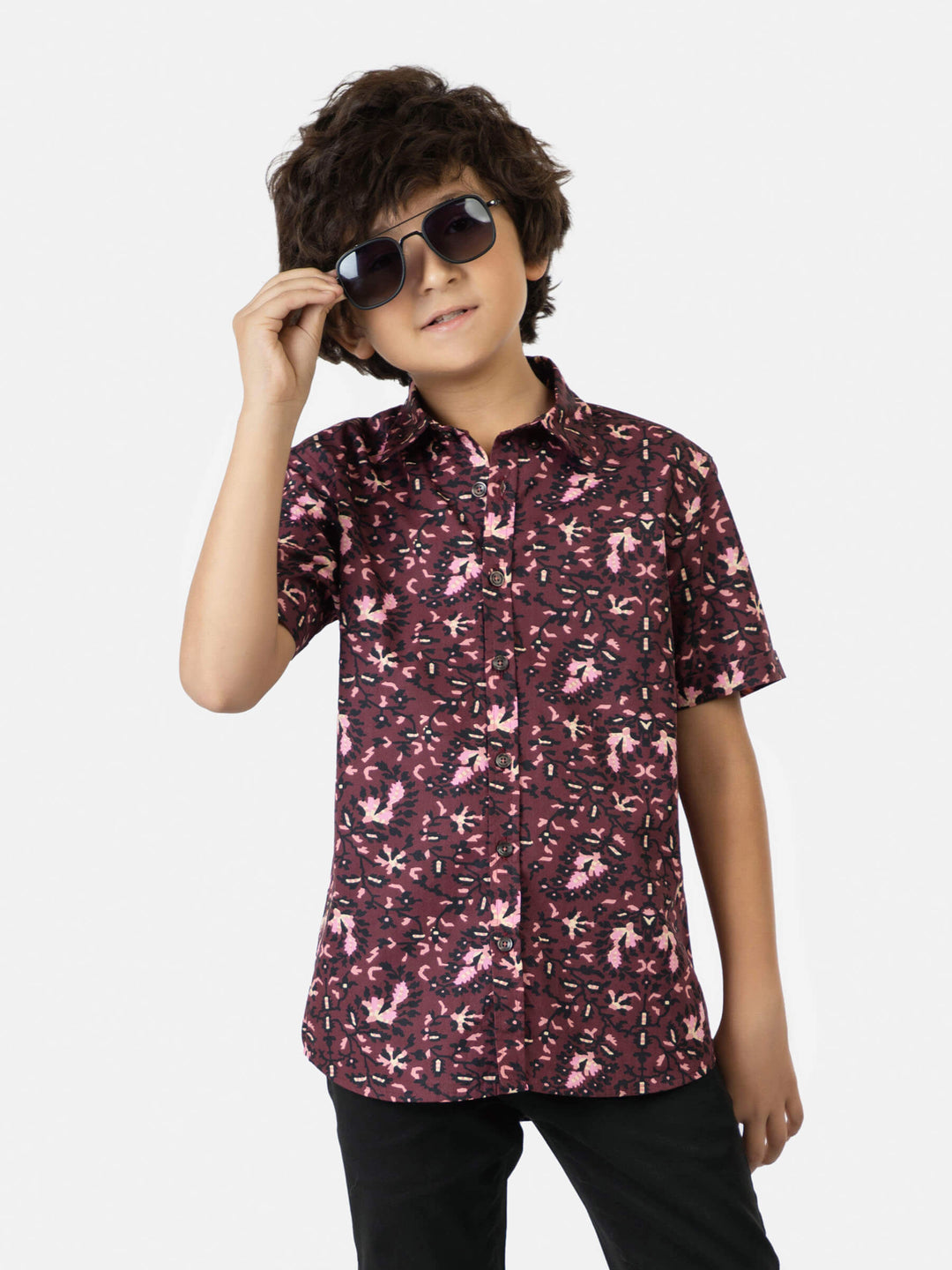 Burgundy & black floral printed short sleeve casual shirt brumano pakistan