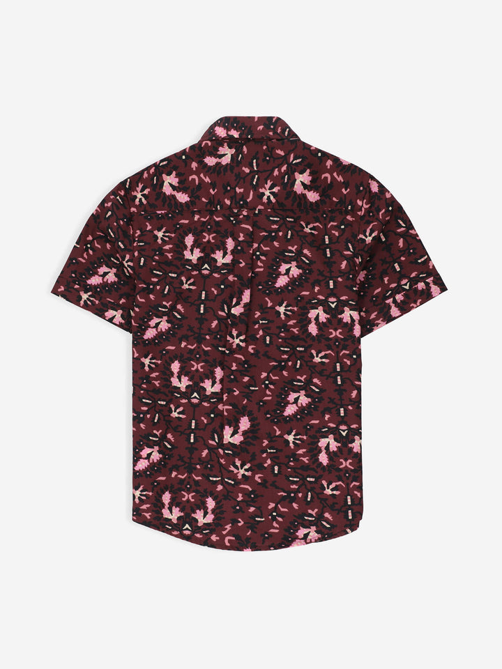Burgundy & Black Floral Printed Short Sleeve Casual Shirt Brumano Pakistan