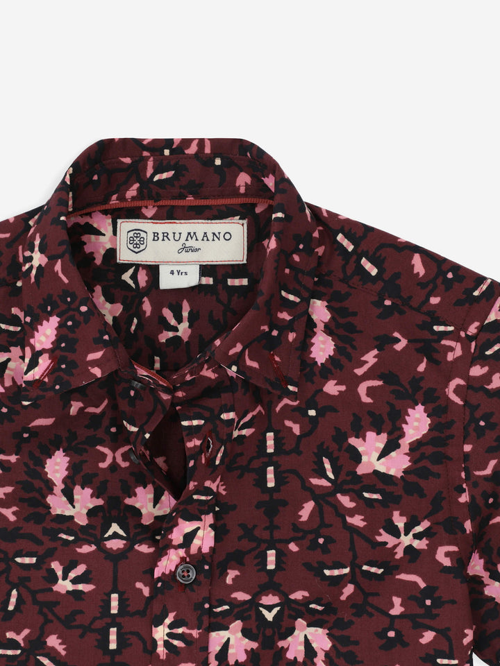 Burgundy & Black Floral Printed Short Sleeve Casual Shirt Brumano Pakistan