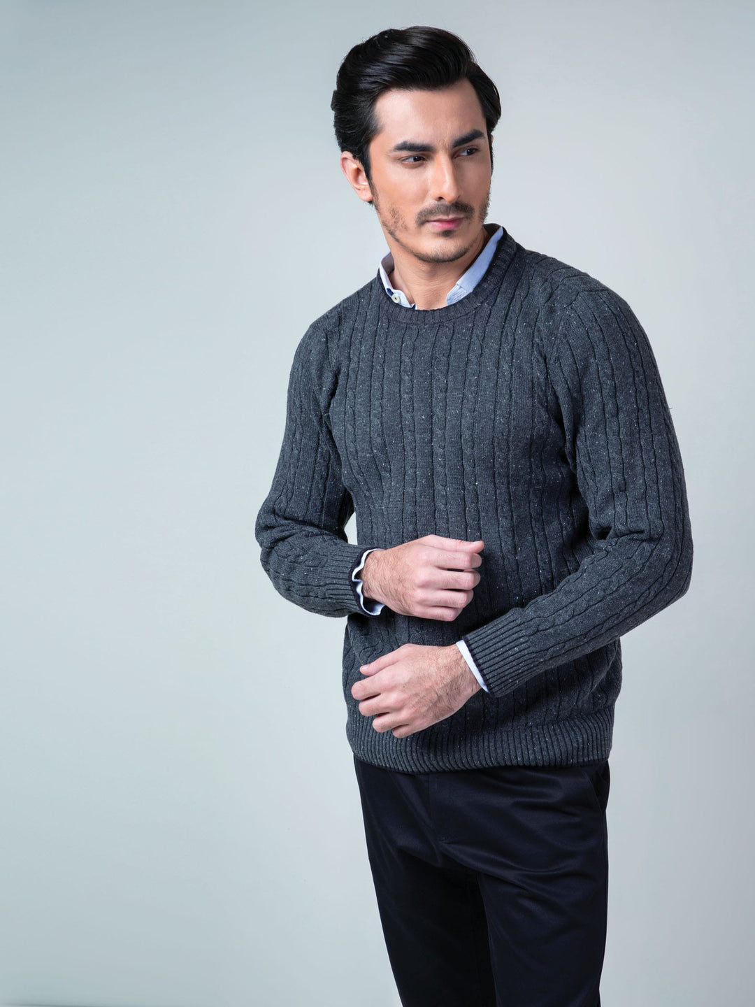 Charcoal Cable Knit Crew Neck Sweater Brumano Pakistan