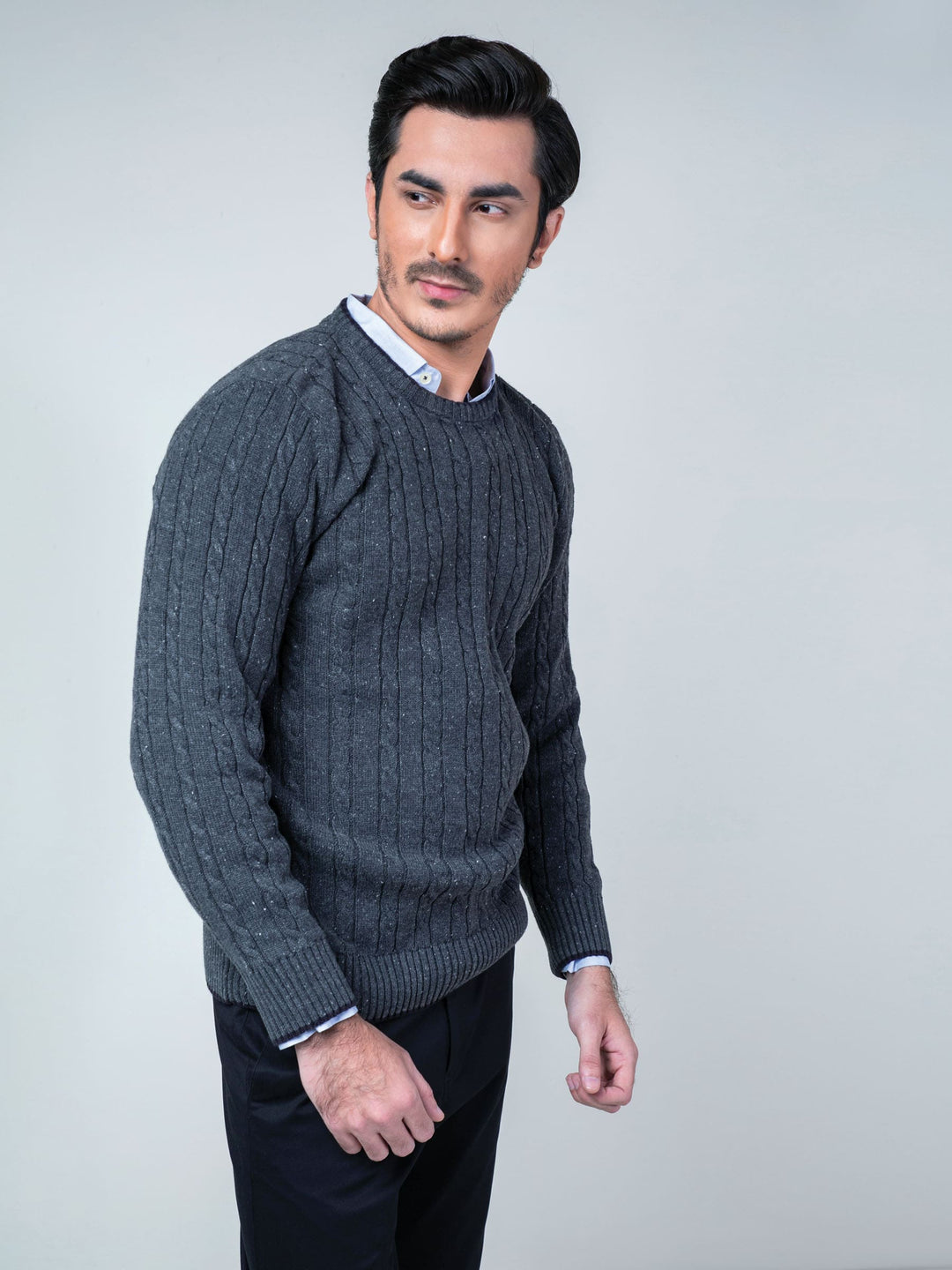 Charcoal Cable Knit Crew Neck Sweater Brumano Pakistan