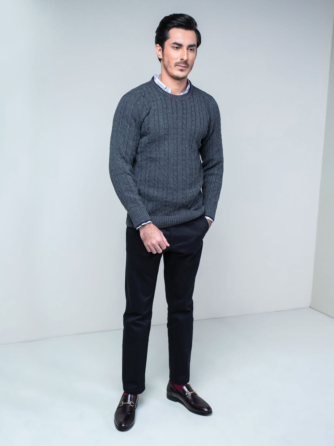 Charcoal Cable Knit Crew Neck Sweater Brumano Pakistan