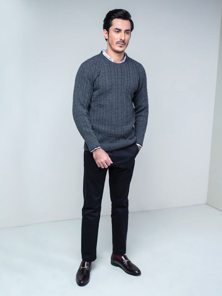 Charcoal Cable Knit Crew Neck Sweater Brumano Pakistan